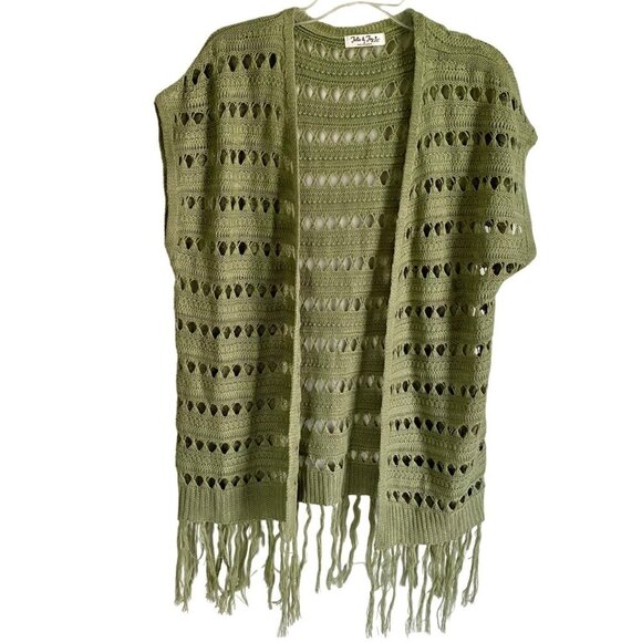 Jolie & Joy Green Open Knit Sleeveless Cardigan Tassels Junior's Size Medium NEW - Picture 1 of 9